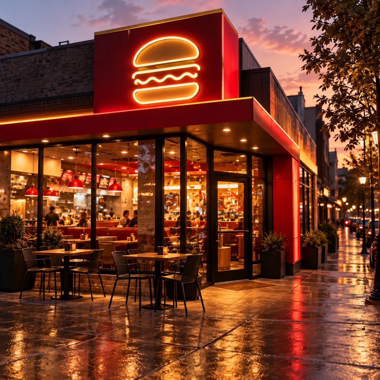 Außenansicht eines modernen Fast-Food-Restaurants am Abend