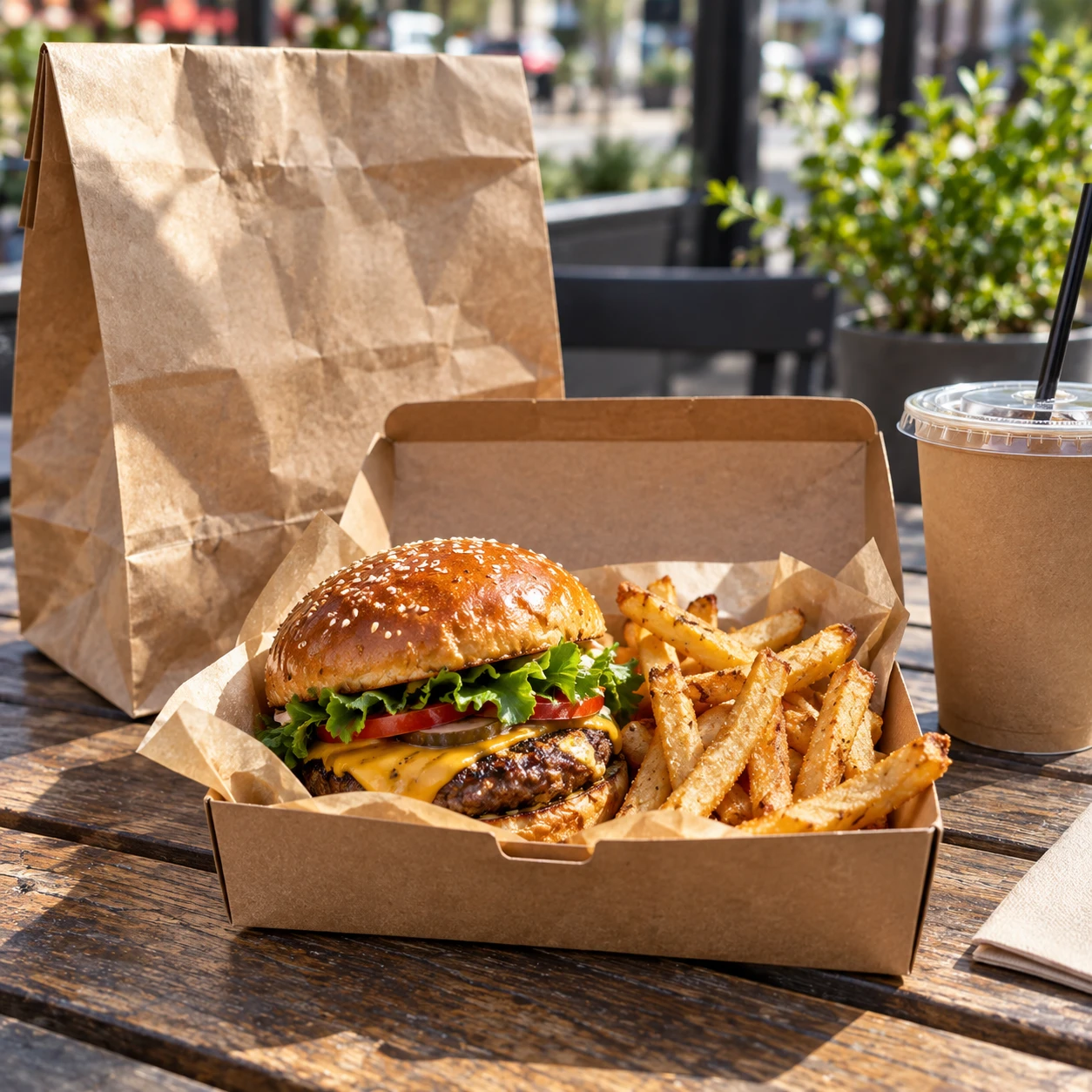 Burger und Pommes zum Mitnehmen, verpackt für unterwegs