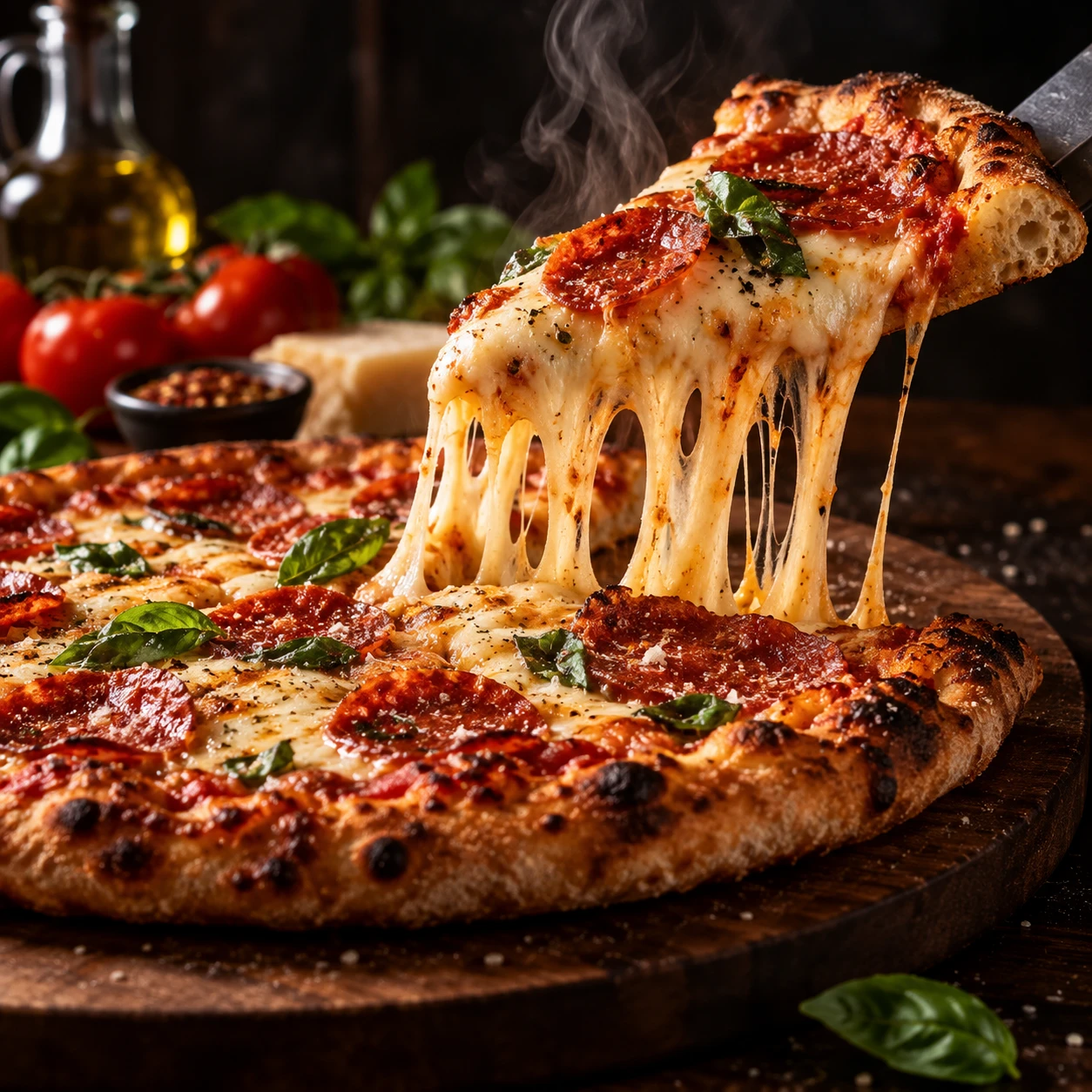Frisch gebackene Pizza mit Käse und Peperoni