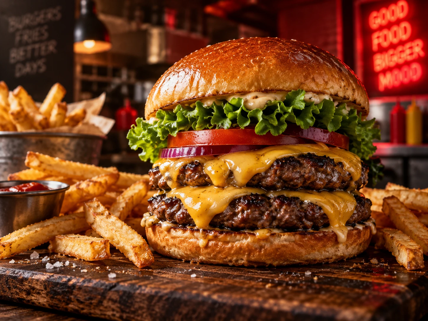 Saftiger Cheeseburger mit Pommes, frisch serviert